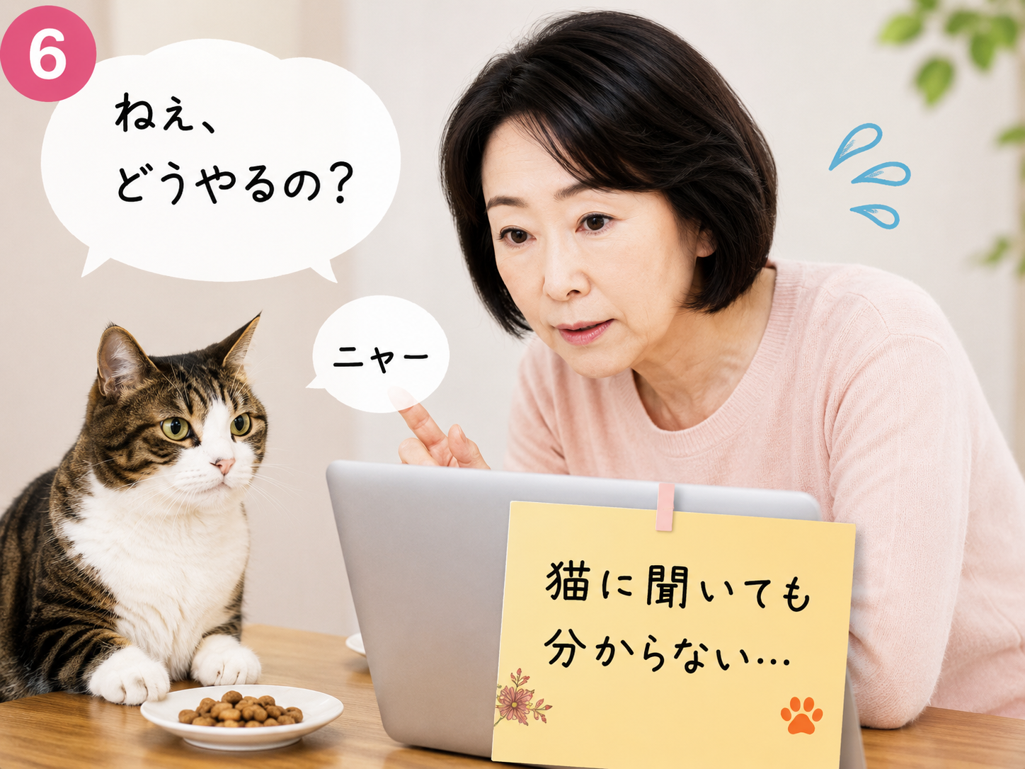 パソコン操作に困って猫に相談する60代女性